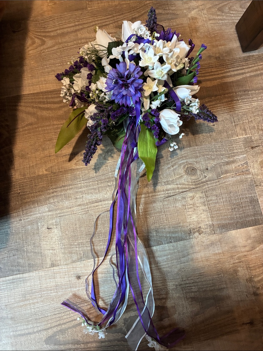 Purple and White Faux Floral Bouquet with Ribbon Accents